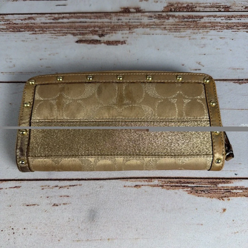 Coach Gold Signature Canvas Wallet Women's Bifold Leather Trim Used